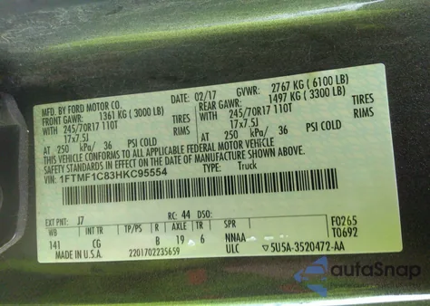 2017 Ford F-150 Xl from USA, damaged, VIN 1FTMF1C83HKC95554